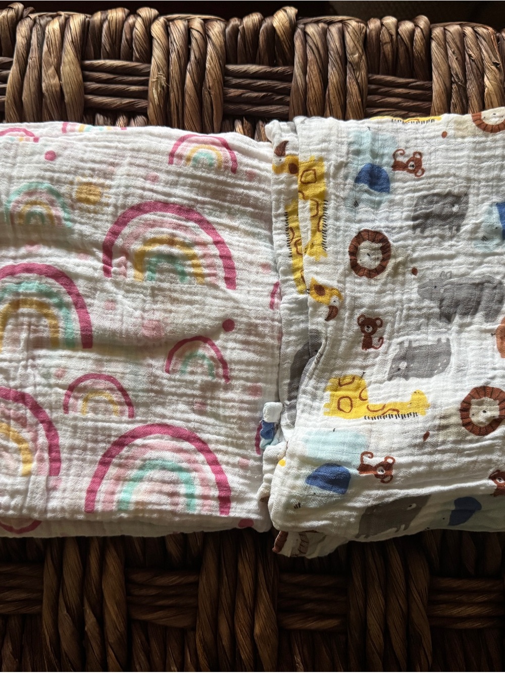 Muslin Baby Swaddle Blankets - Pink Rainbow & Multi Animal